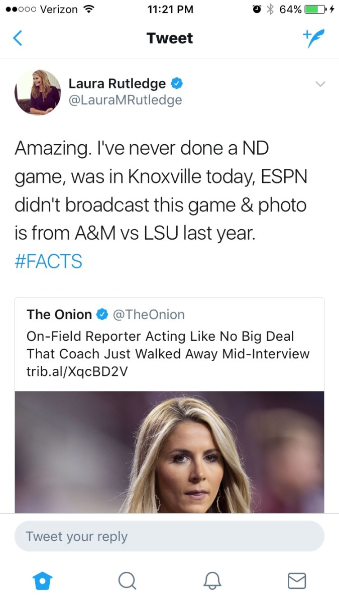 Laura Rutledge fooled by the Onion.
