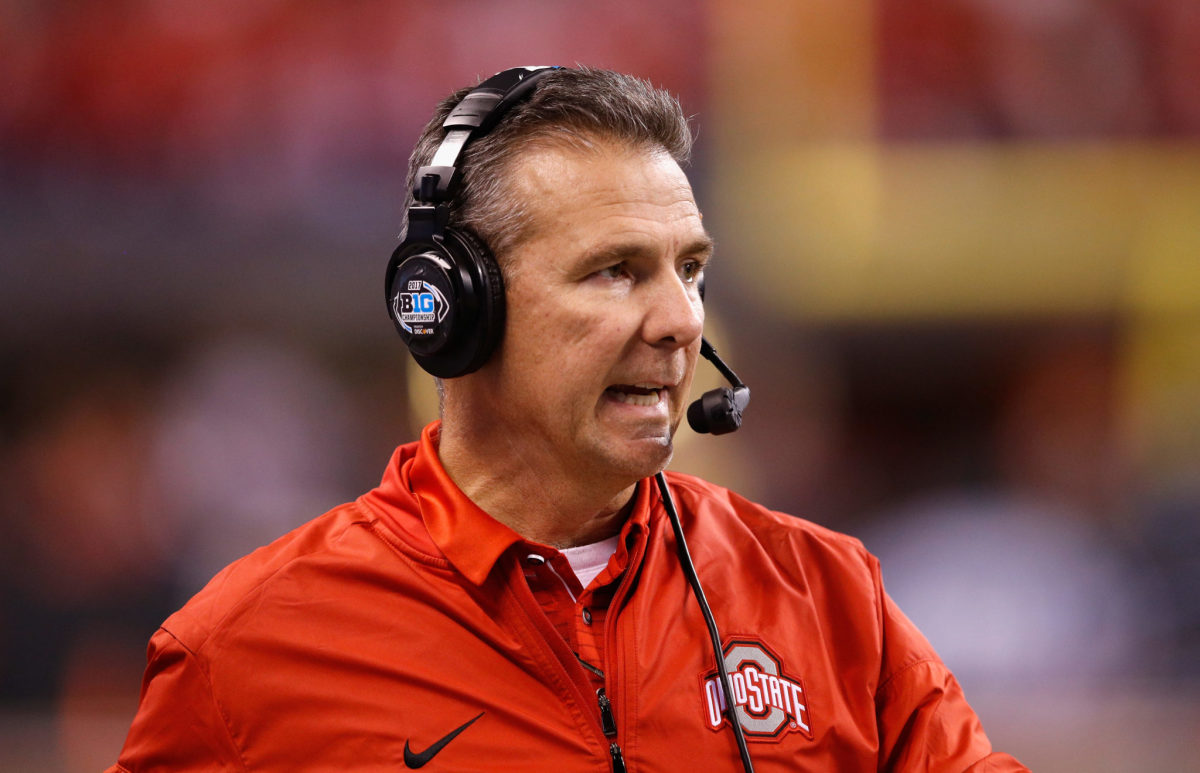 A closeup of Urban Meyer during an Ohio State game.