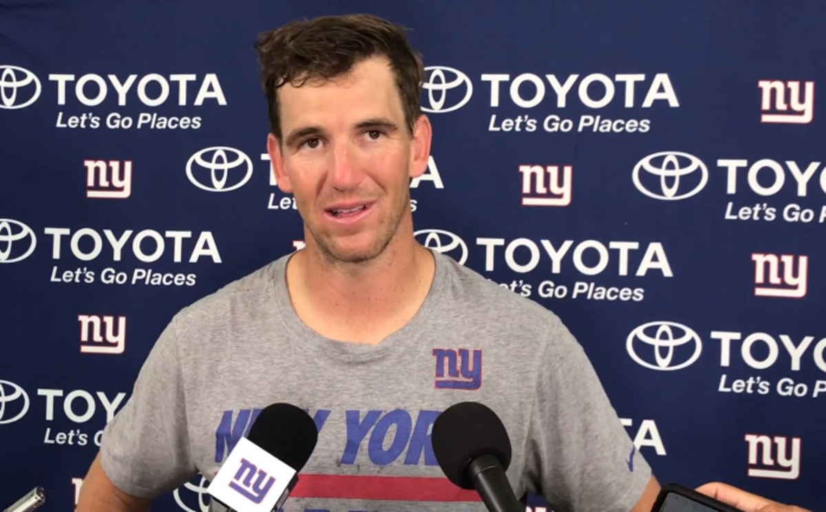 Eli Manning speaks to the media about Jalen Ramsey's comments.