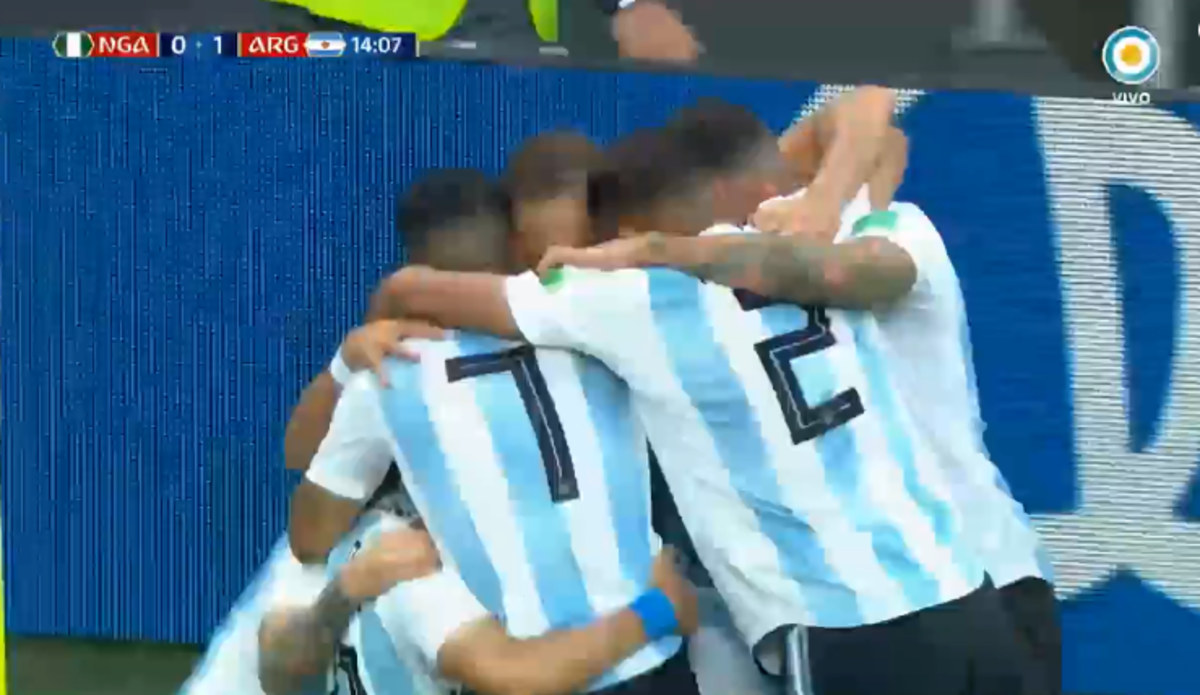 Argentina celebrates a Lionel Messi goal.