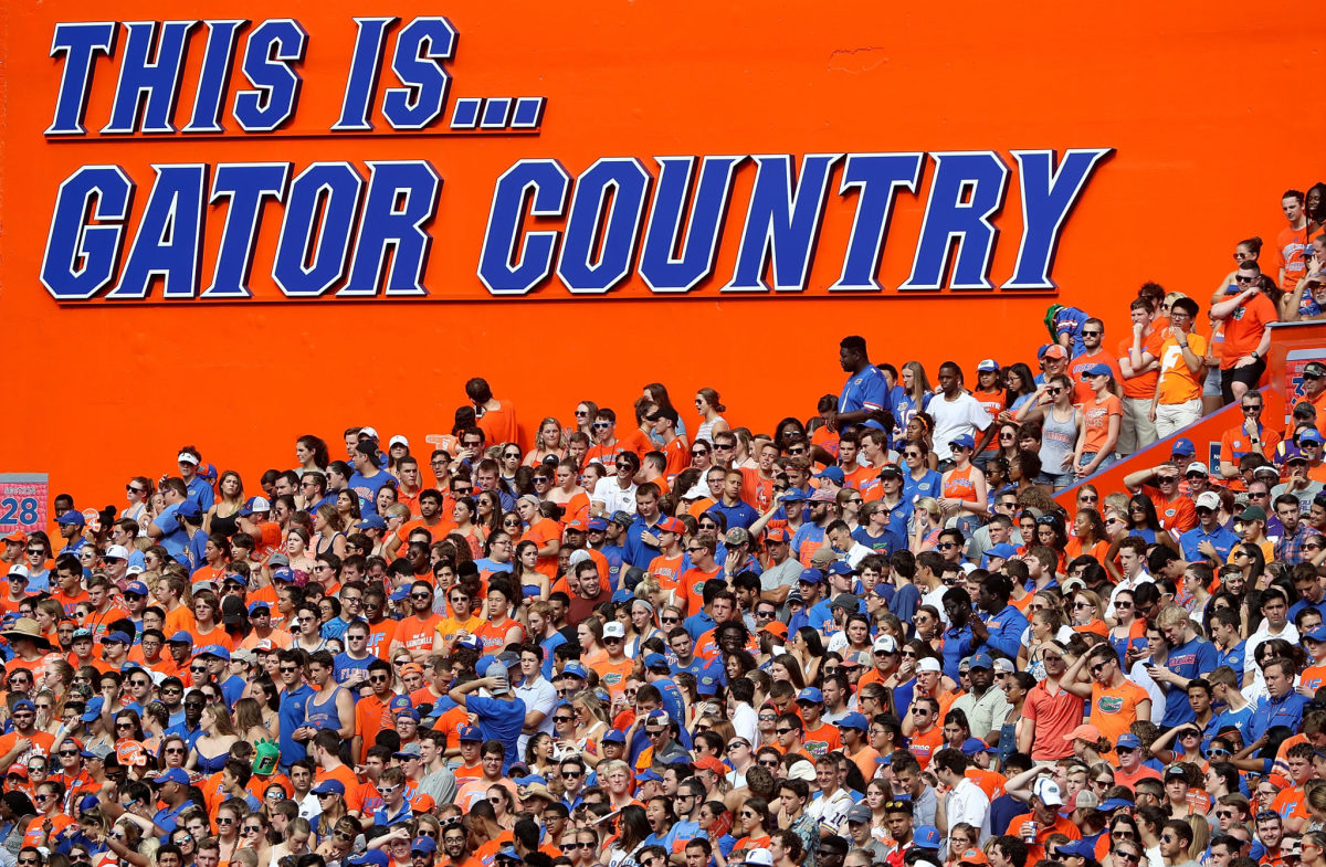 A view of Florida Gators at a football game.