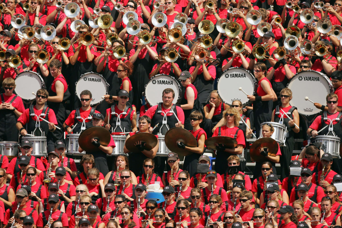 A picture of Georgia's band during a football game.
