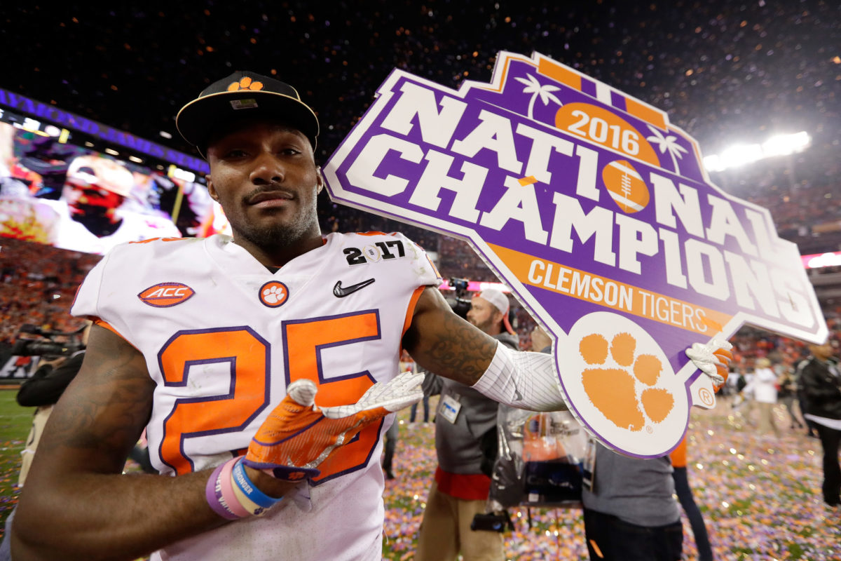 Cornerback Cordrea Tankersley #25 of the Clemson Tigers celebrates after defeating the Alabama Crimson Tide 35-31 to win the 2017 College Football Playoff National Championship Game.