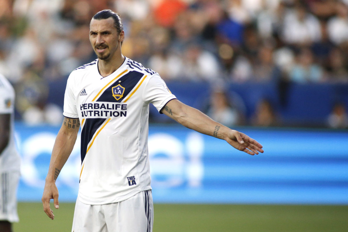 Zlatan Ibrahimovic is on the field for the los angeles galaxy