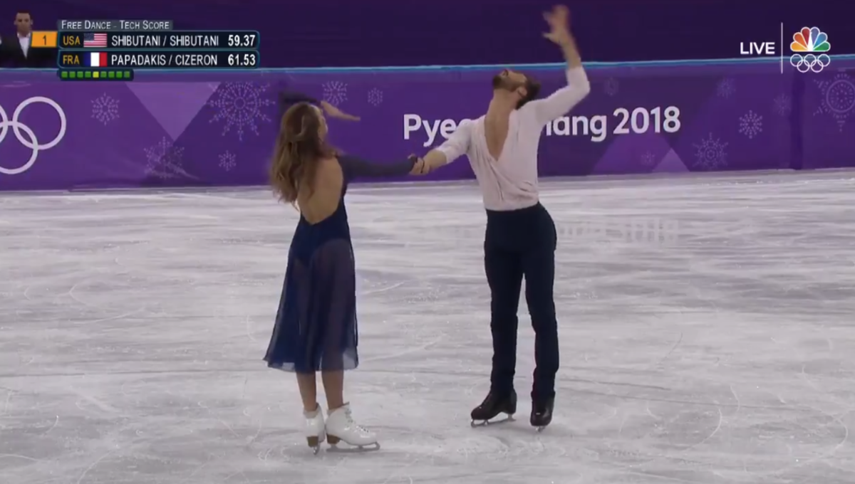 Two ice skaters performing.