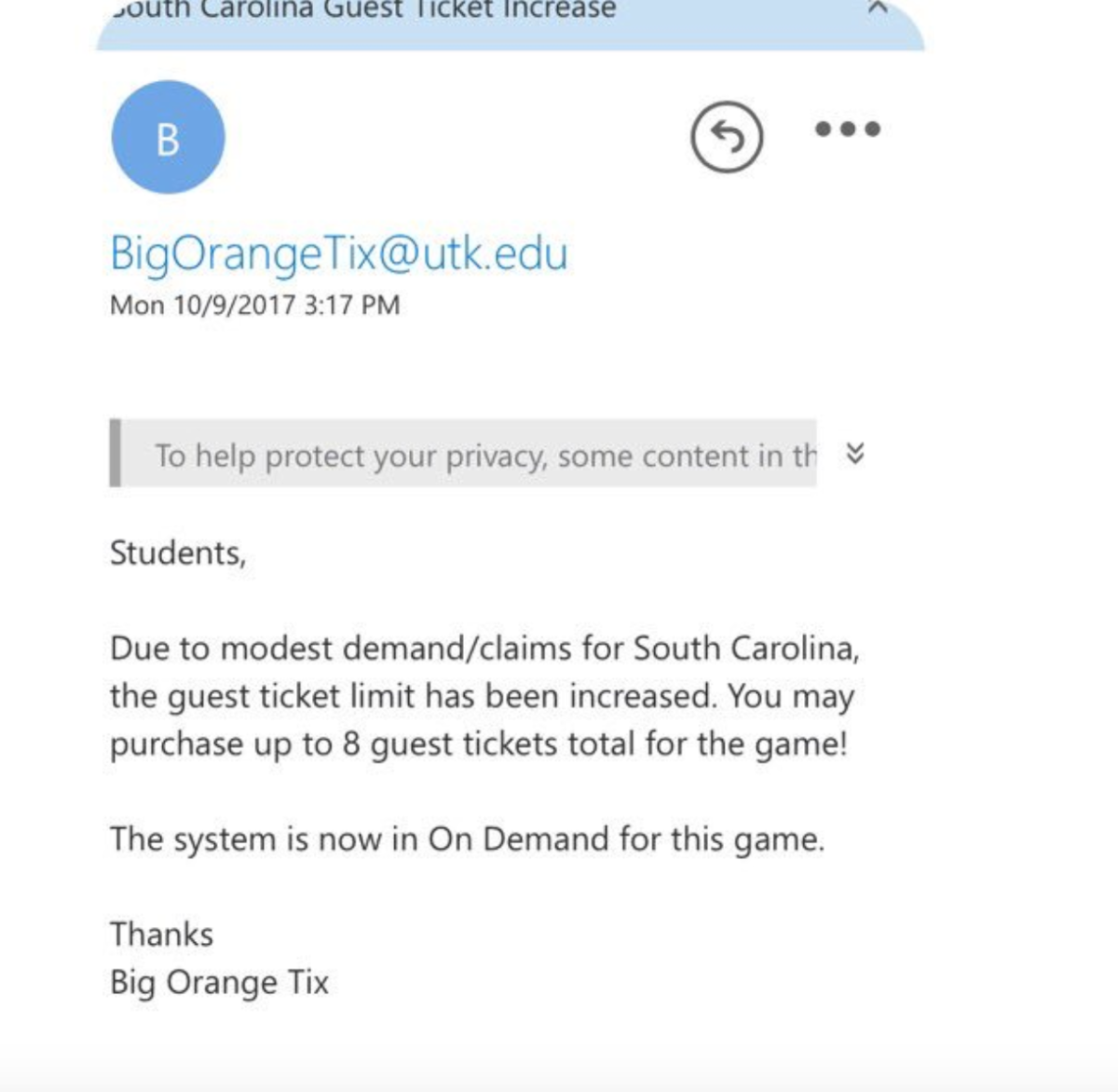 Tennessee sends email to students to increase ticket sales.