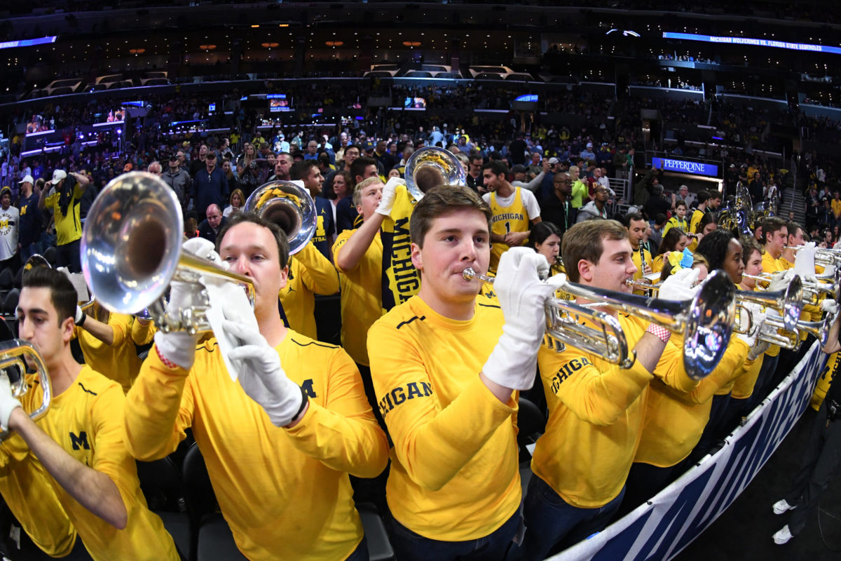The Michigan Wolverines band performs prior to the 2018 NCAA Men's Basketball Tournament West Regional Final between the Michigan Wolverines and the Florida State Seminoles.