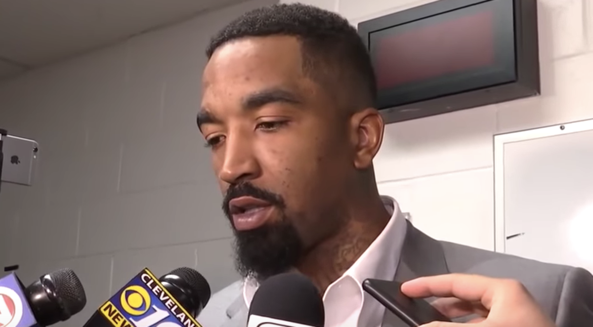 jr smith talks to reporters during the 2018 nba playoffs