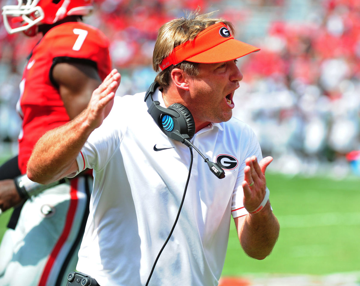 Kirby Smart reacting to a play in a Georgia football game.