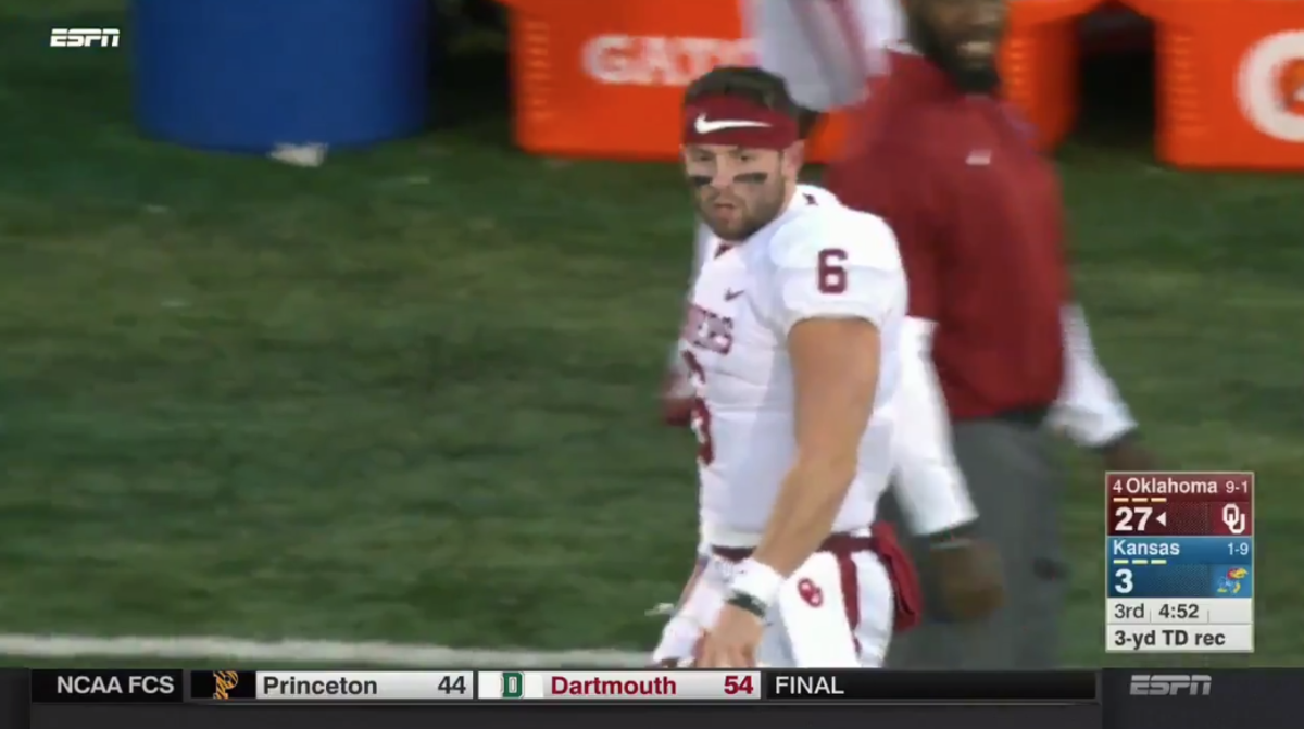 Baker Mayfield stares at the field during game vs. Kansas.