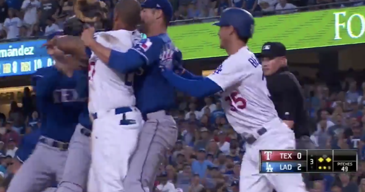 benches clear in dodgers-rangers game after matt kemp runs over the catcher