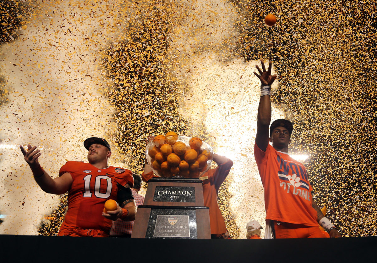 Ben Boulware of the Clemson Tigers and Deshaun Watson #4 celebrate after the Clemson Tigers defeat the Oklahoma Sooners.