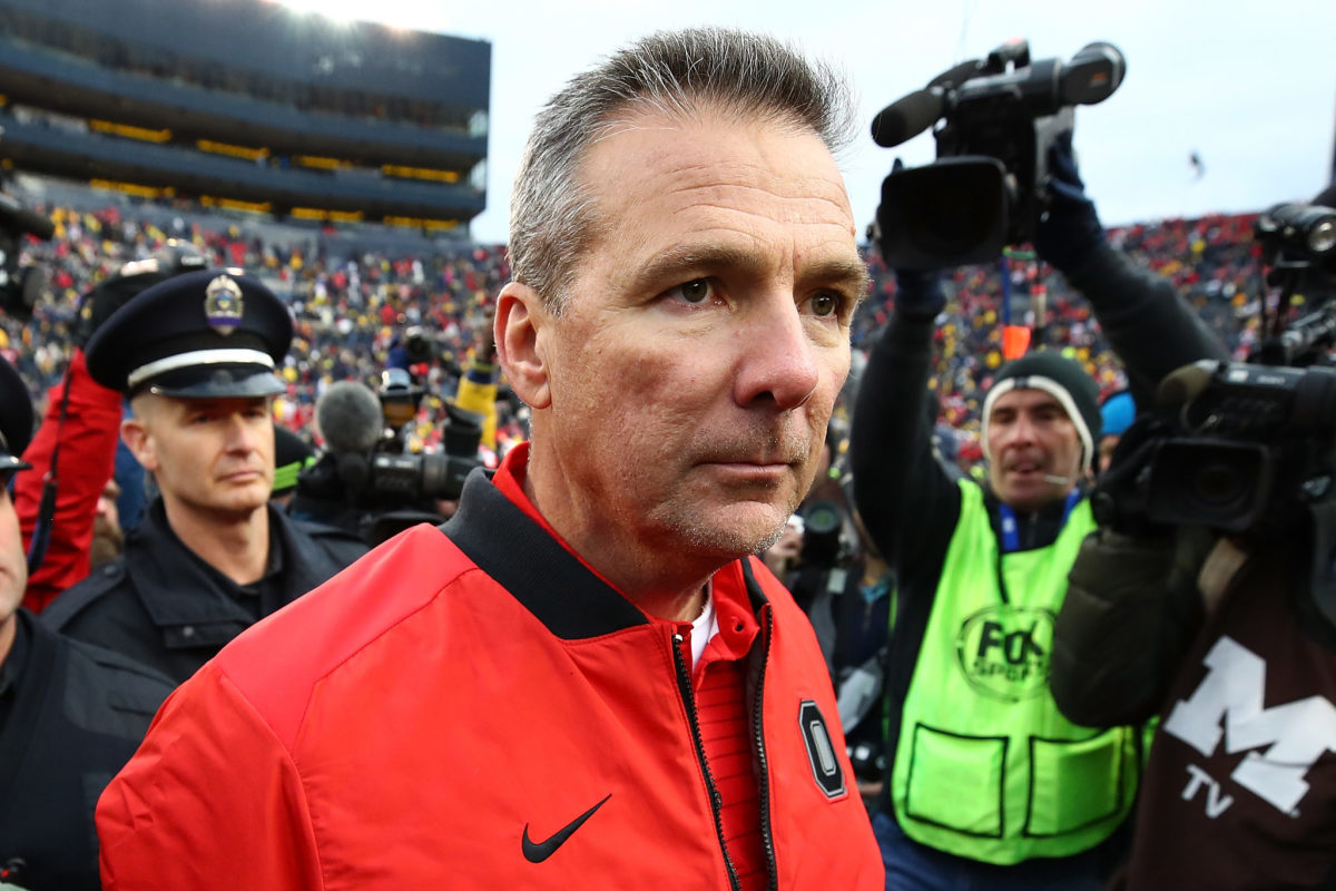 A closeup of Urban Meyer after an Ohio State football game.