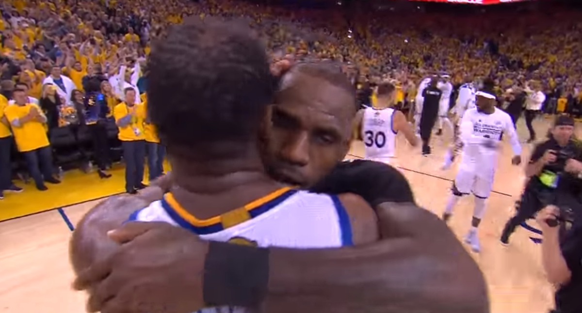 LeBron and Kevin Durant embrace following an NBA Finals game.