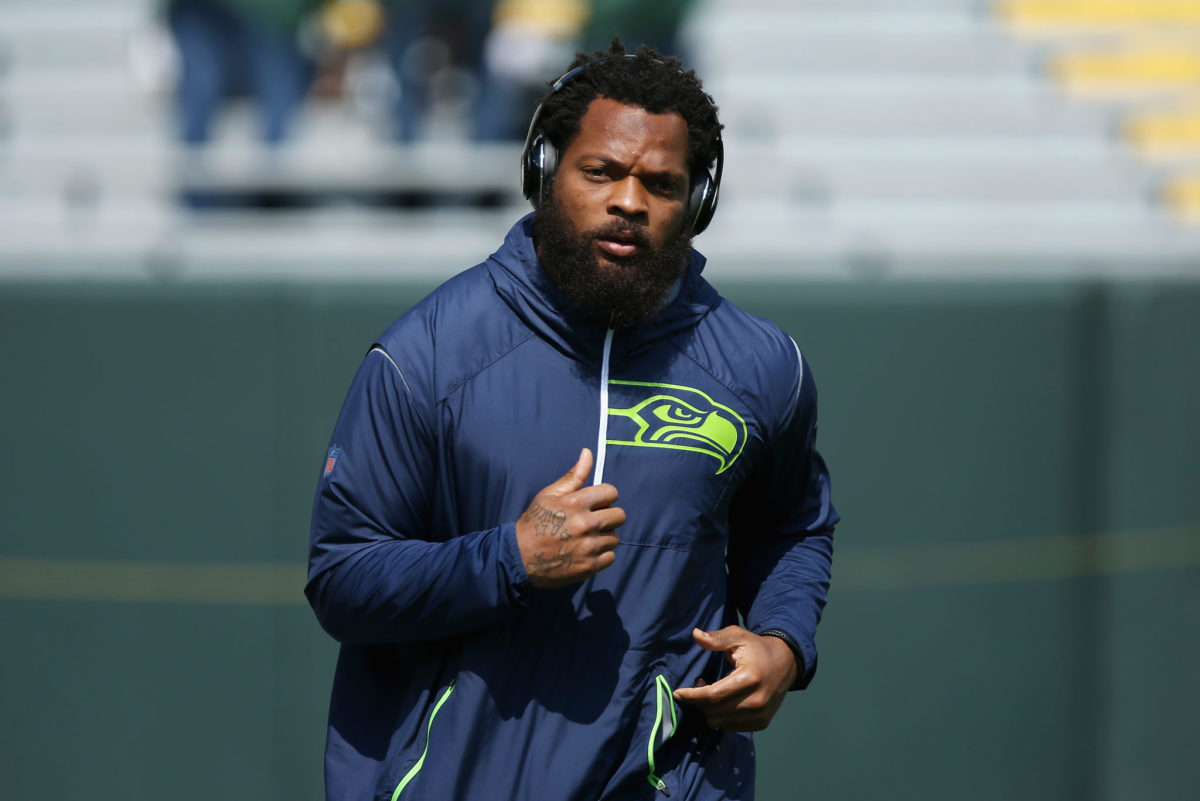 Michael Bennett warming up for the Seattle Seahawks.