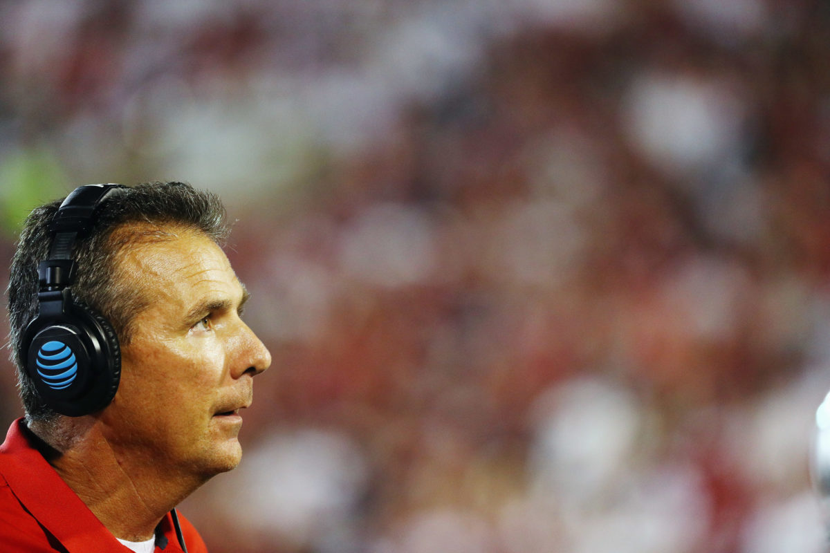 A closeup of Urban Meyer at an Ohio State game.