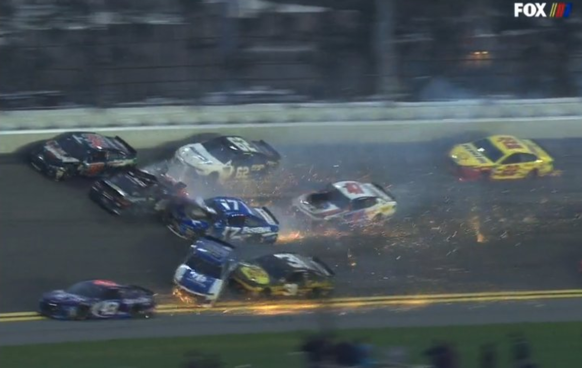Race cars crashing at Daytona.