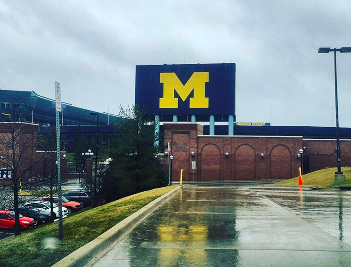 Michigan Stadium on a rainy day.