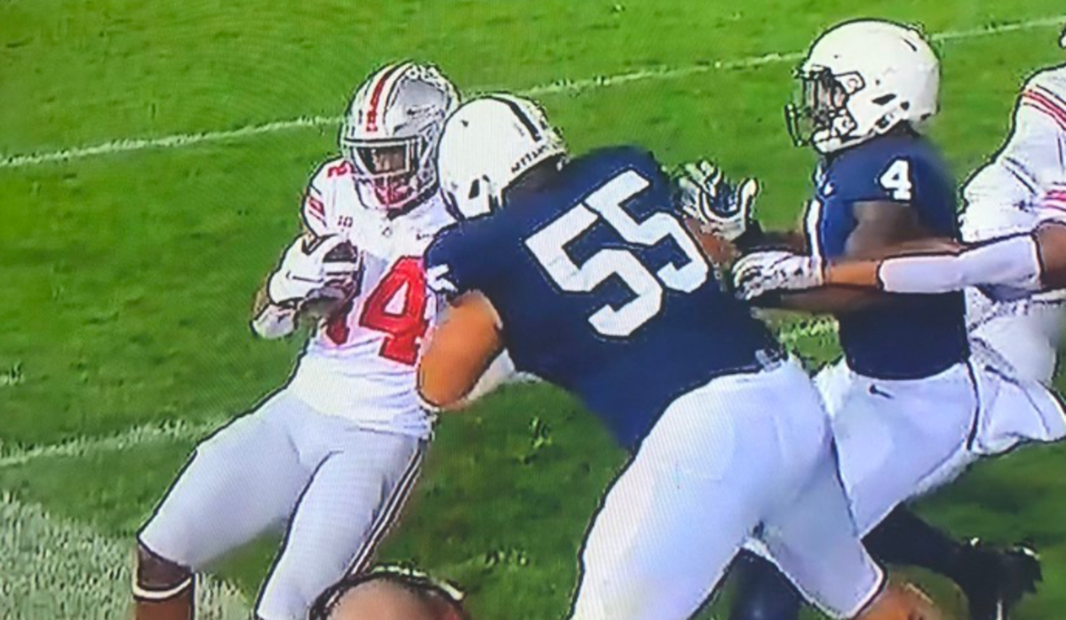Penn State defensive tackle Antonio Shelton is ejected for targeting.