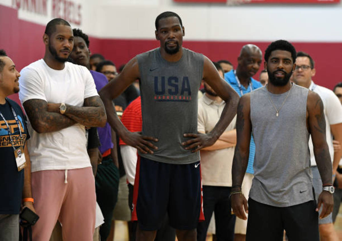 Carmelo Anthony, Kevin Durant, and Kyrie Irving at Team USA mini-camp.
