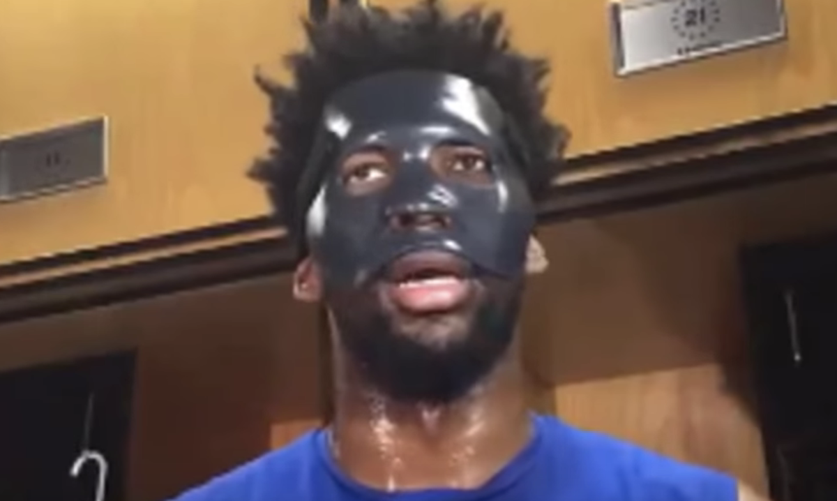 Joel Embiid gives interview in his mask.