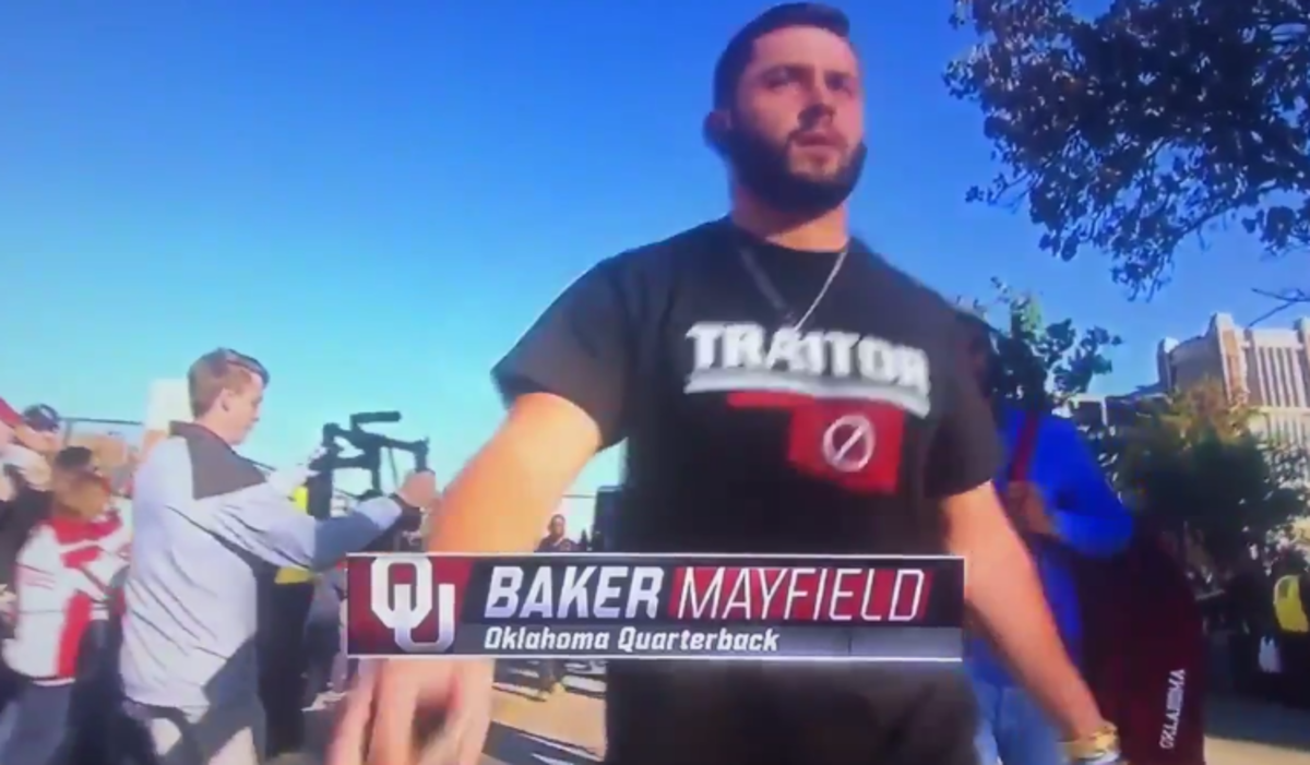 Baker Mayfield wearing "traitor" shirt.