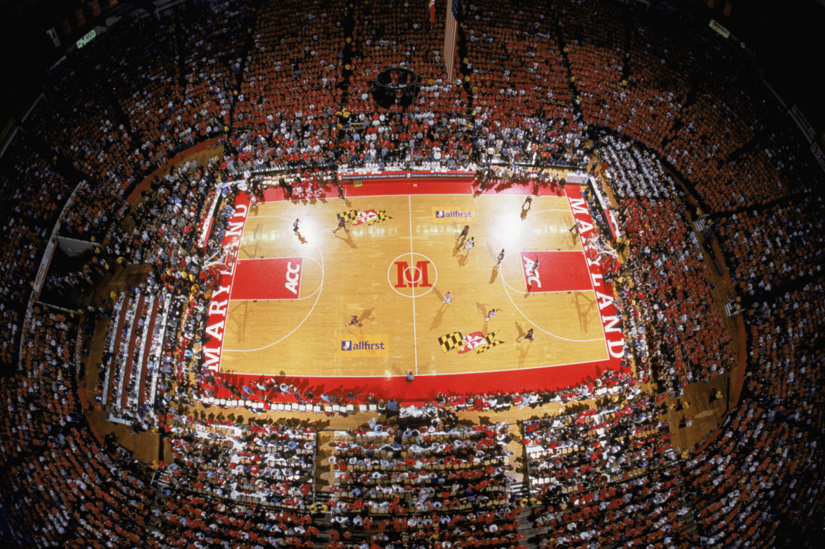 An aerial view of Maryland's basketball court.