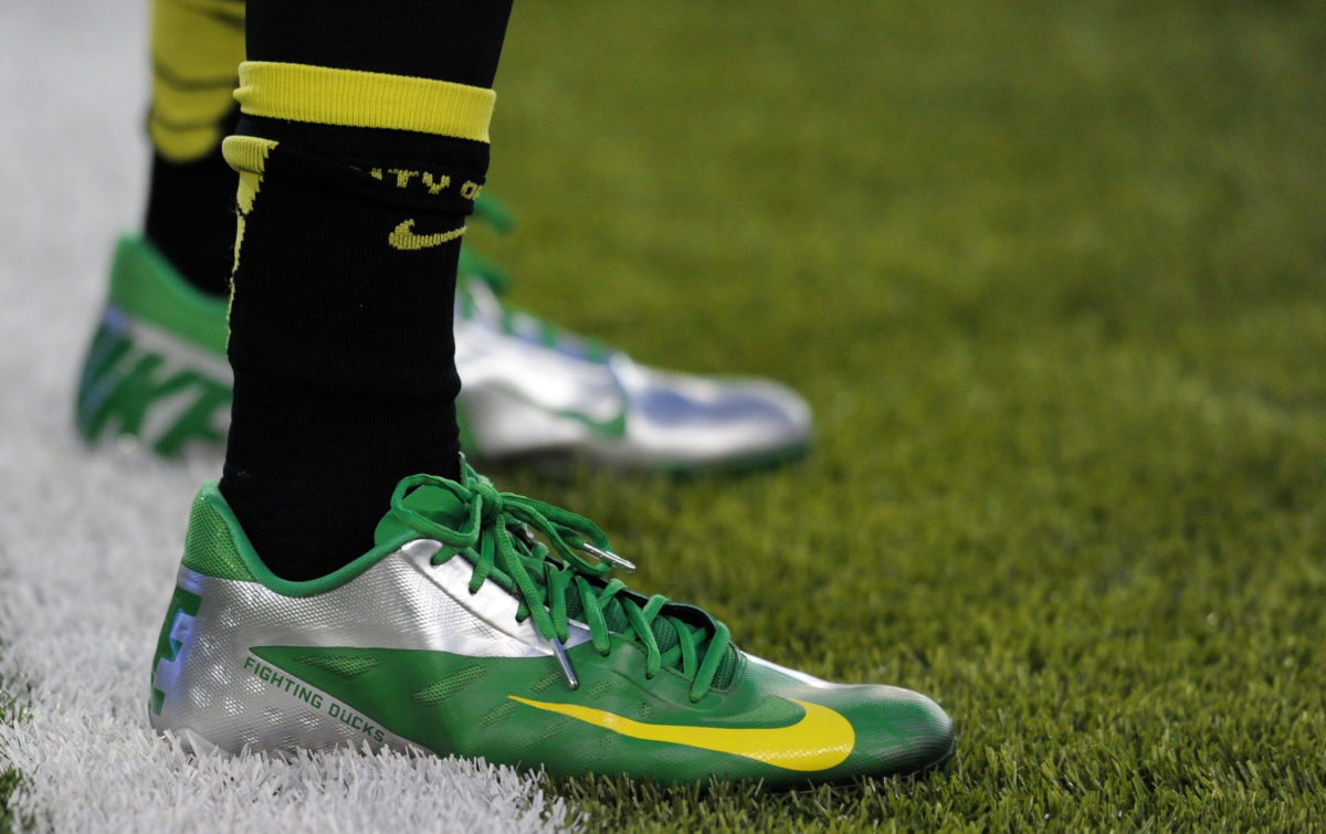 A closeup of Oregon's cleats during a game.