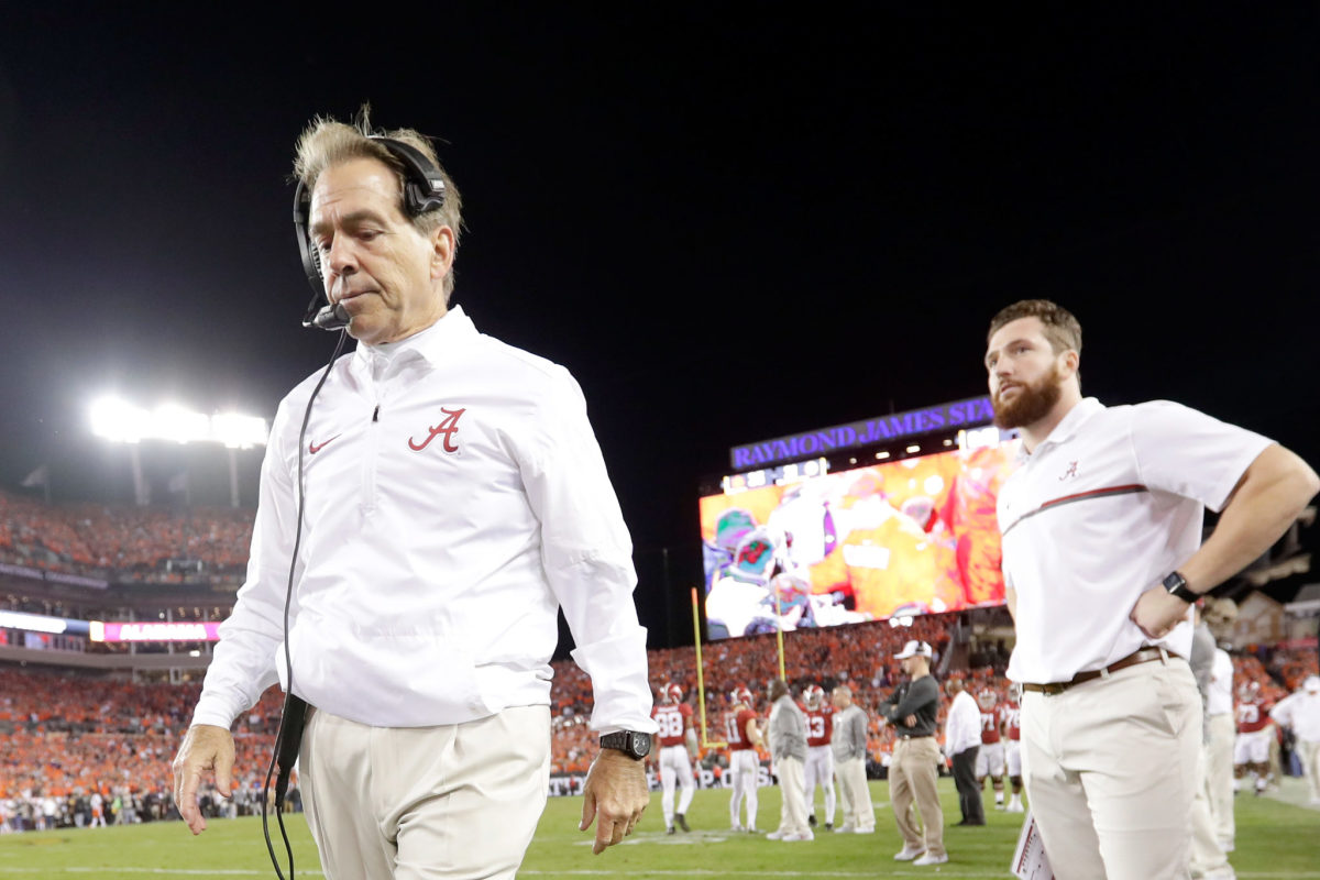 Head coach Nick Saban of the Alabama Crimson Tide reacts after the Clemson Tigers defeated the Alabama Crimson Tide 35-31 in the 2017 College Football Playoff National Championship Game.