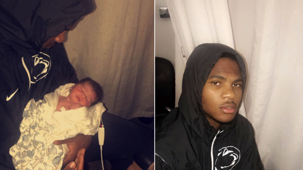Micah Parsons of Penn State poses with his newborn child