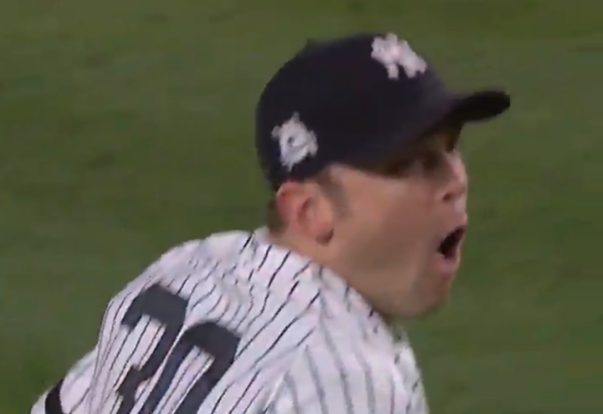 David Robertson reacts to hitting catcher in the groin.