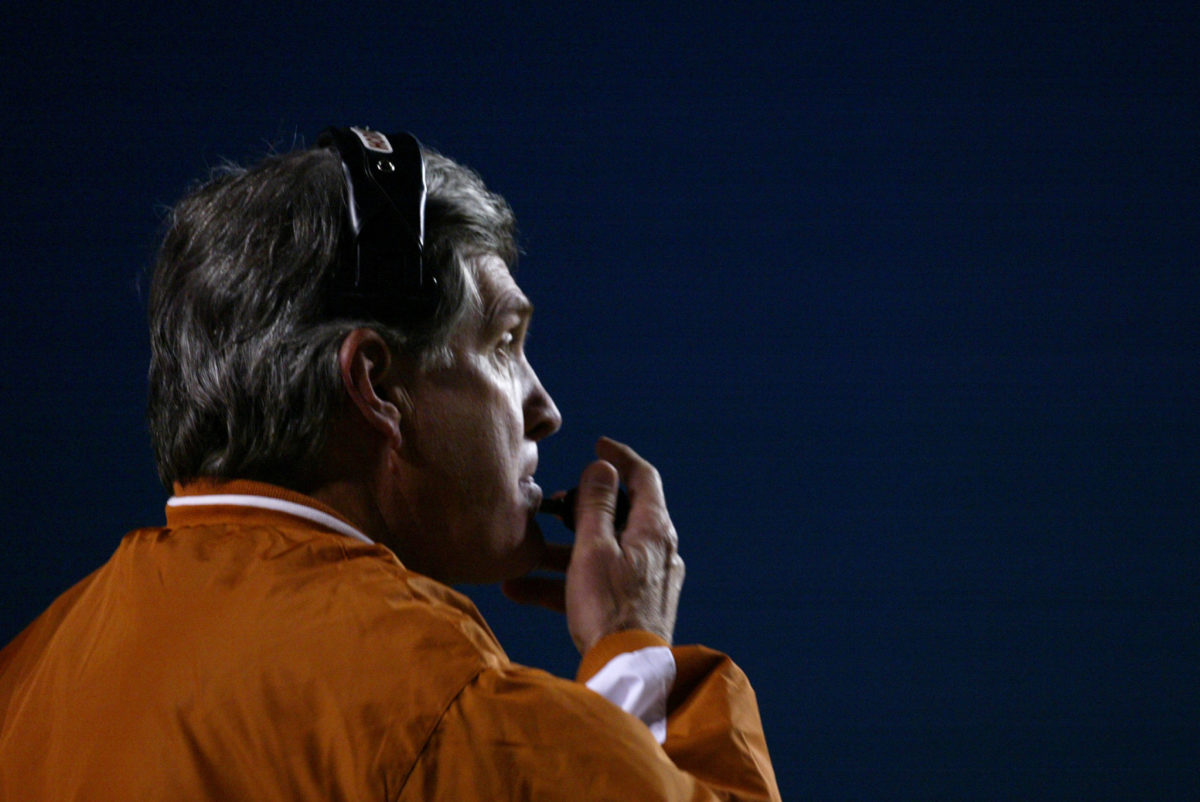 A closeup of Texas Longhorns football coach Mack Brown.