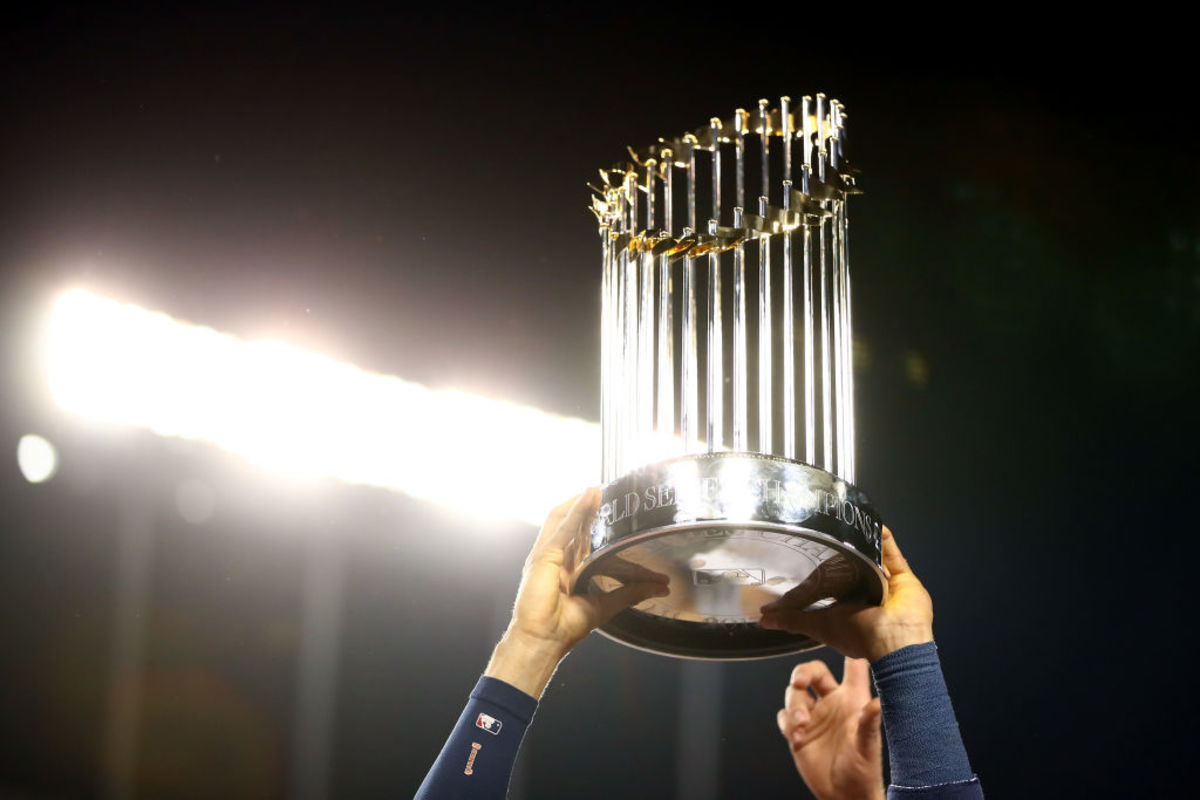A photo of the World Series trophy