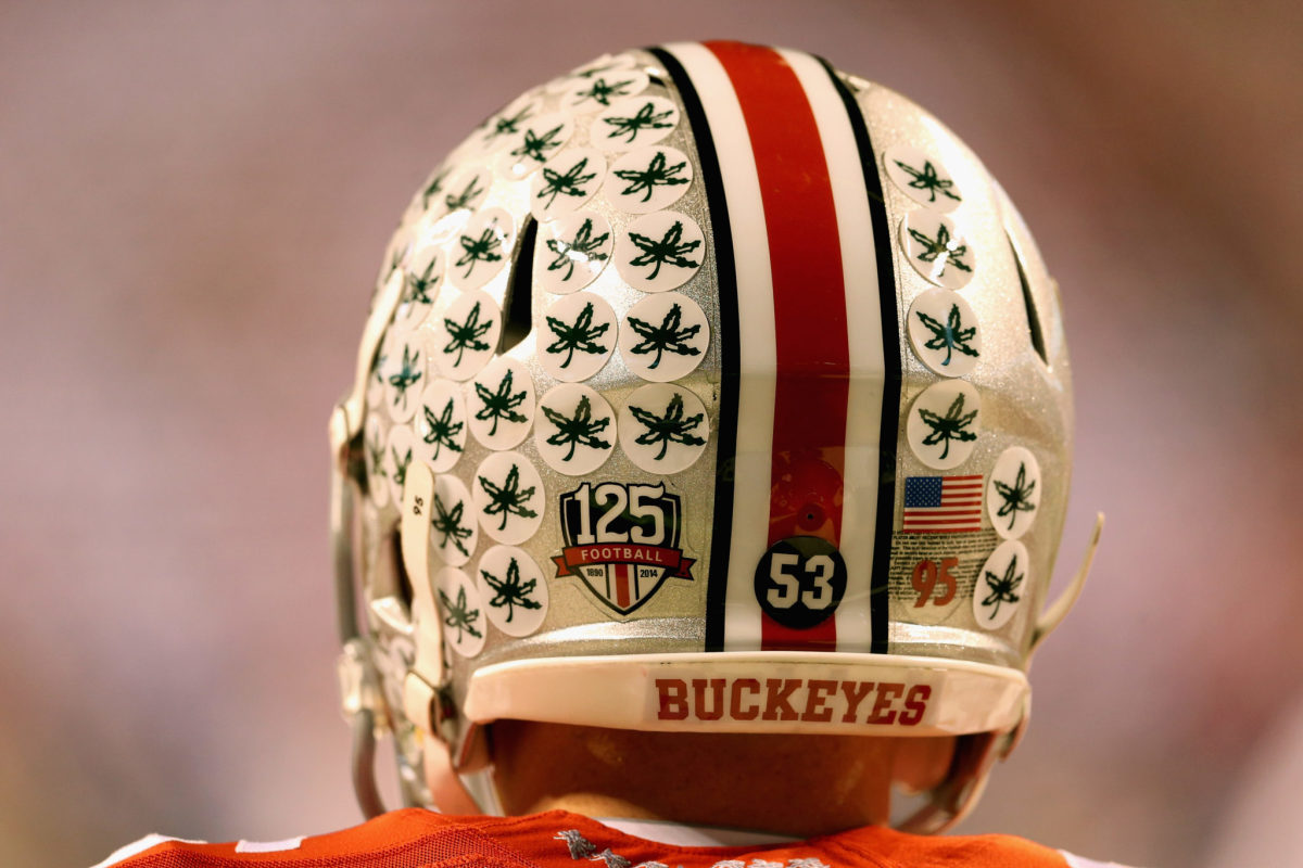 The back of an Ohio State football players helmet.