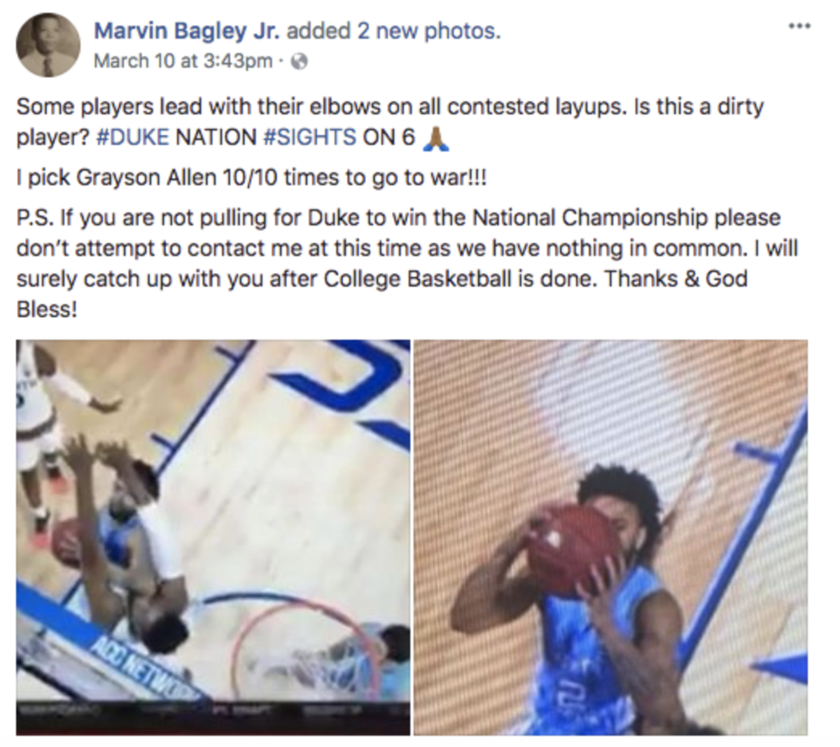 Marvin Bagley's father posts on Facebook.