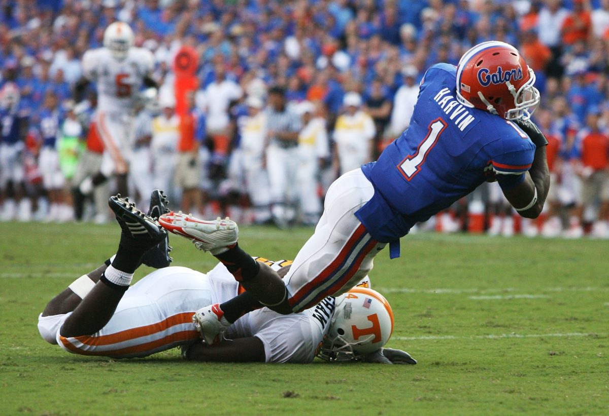 Percy Harvin falling to the ground in a game for the Florida Gators.