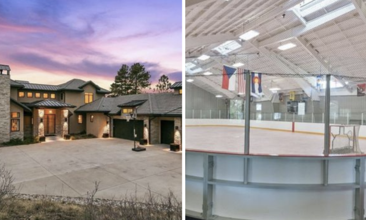 A split screen of Milan Hejduk's house and a hockey rink.