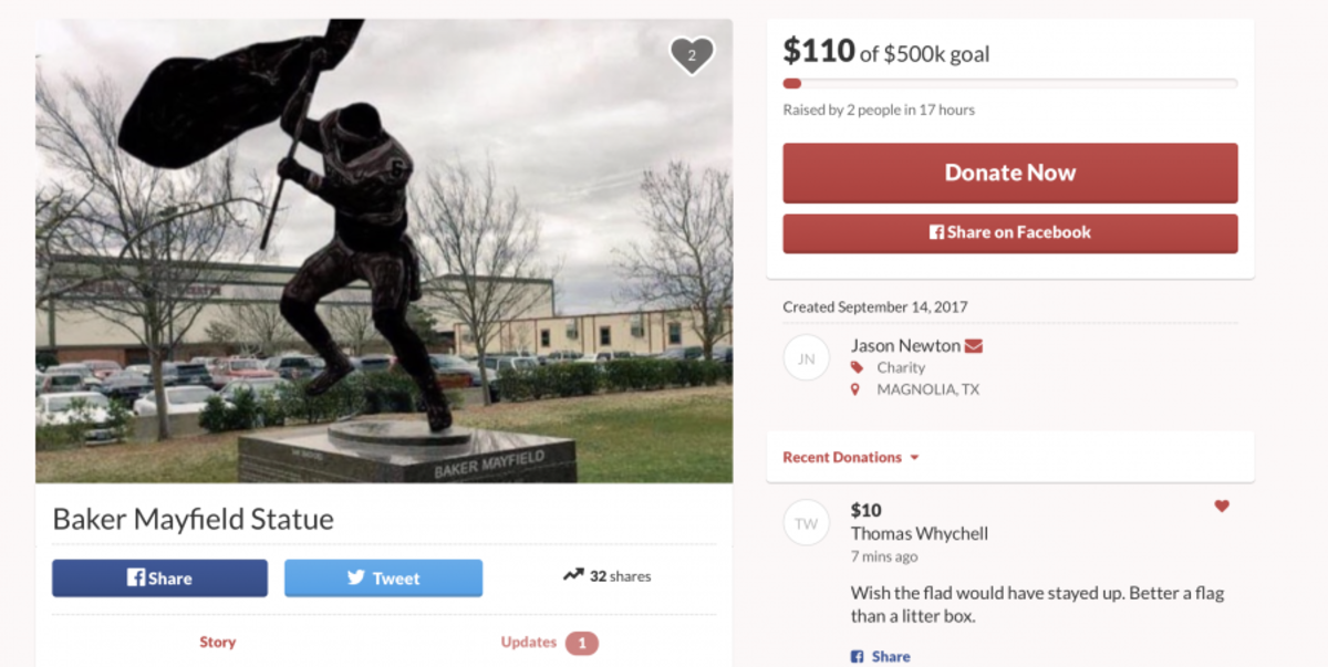 Oklahoma fan's GoFundMe for Baker Mayfield statue.