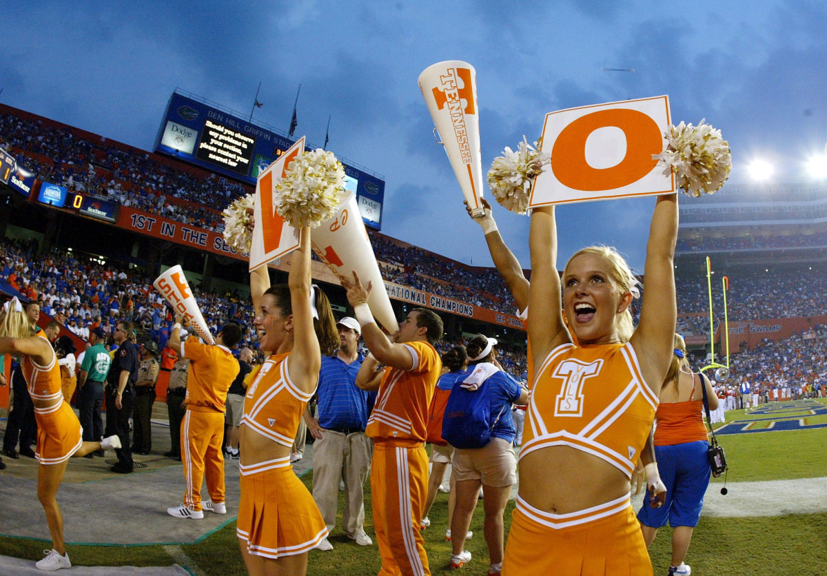 Tennessee cheerleaders celebrating on the sideline.