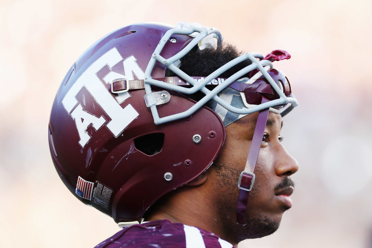 A closeup of Myles Garrett in his Texas A&M helmet.