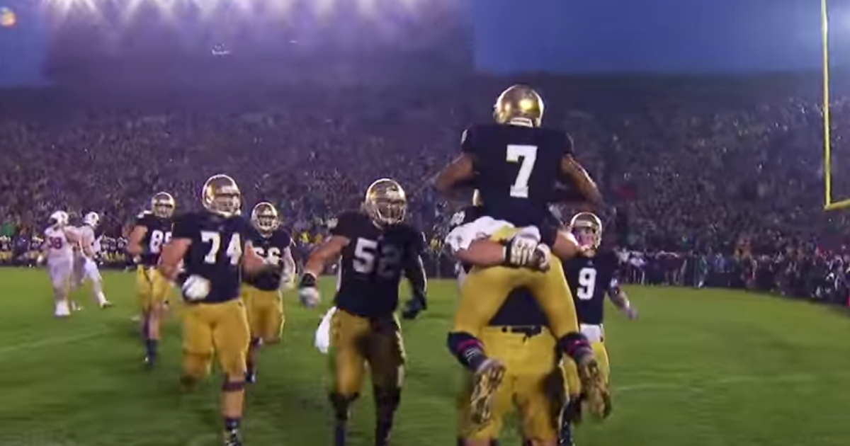 Notre Dame players celebrate a touchdown against Stanford.