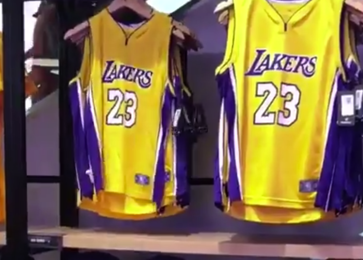 LeBron James Lakers jersey hanging in a store.
