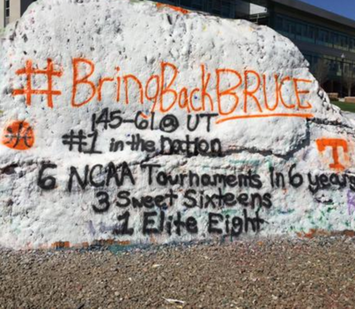 Tennessee rock spray painted with "Bring Back Bruce."