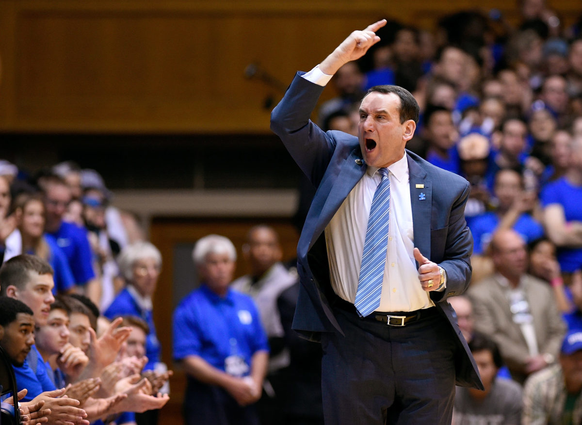 Mike Krzyzewski is fired up during a Duke game vs. Notre Dame.