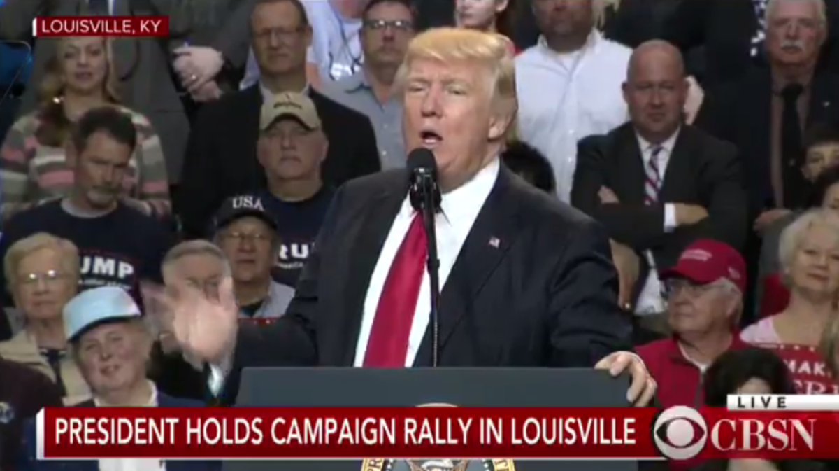 President Donald Trump speaking at a rally in Louisville.
