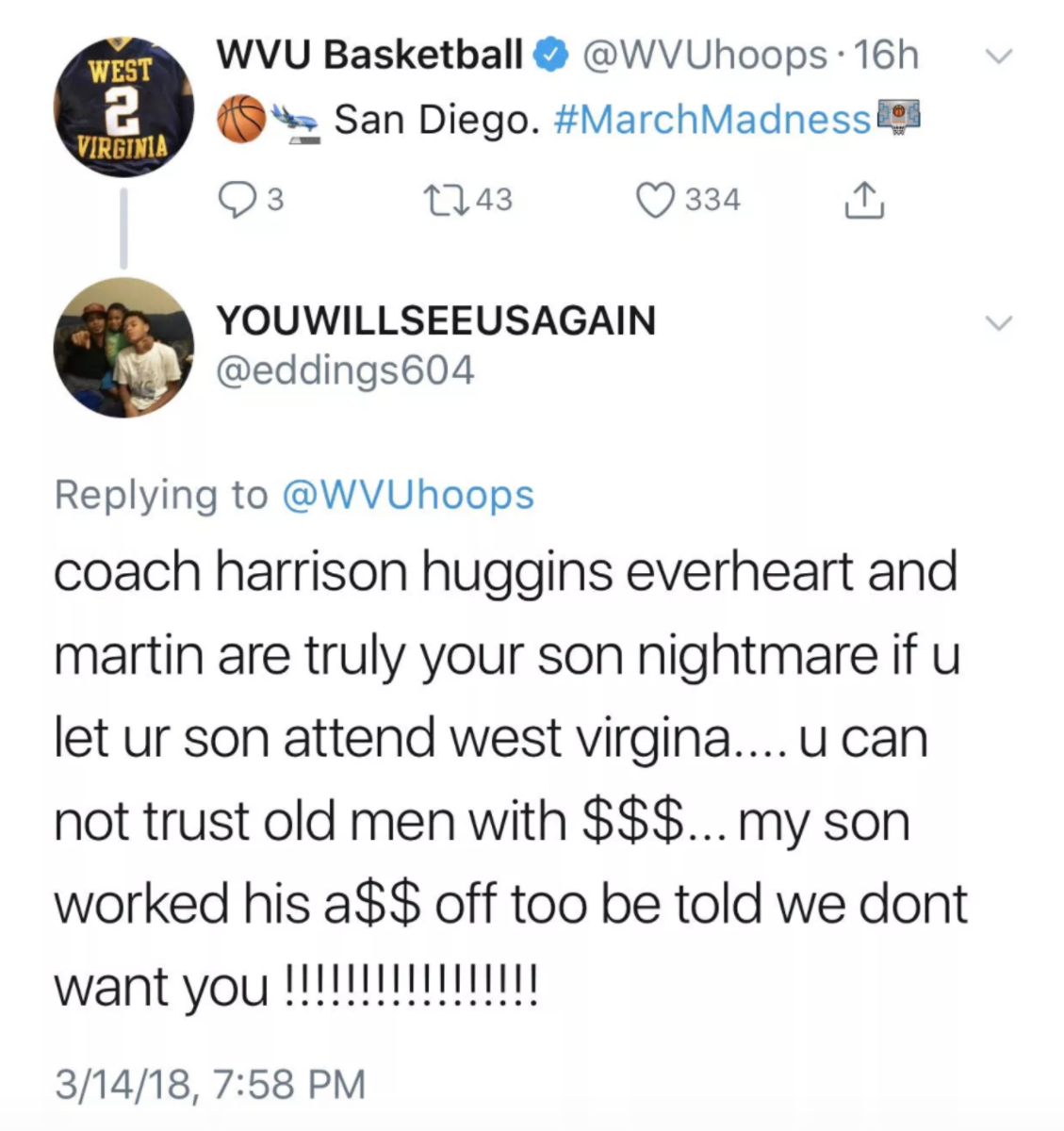 Father of West Virginia player trashes Bob Huggins on Twitter.