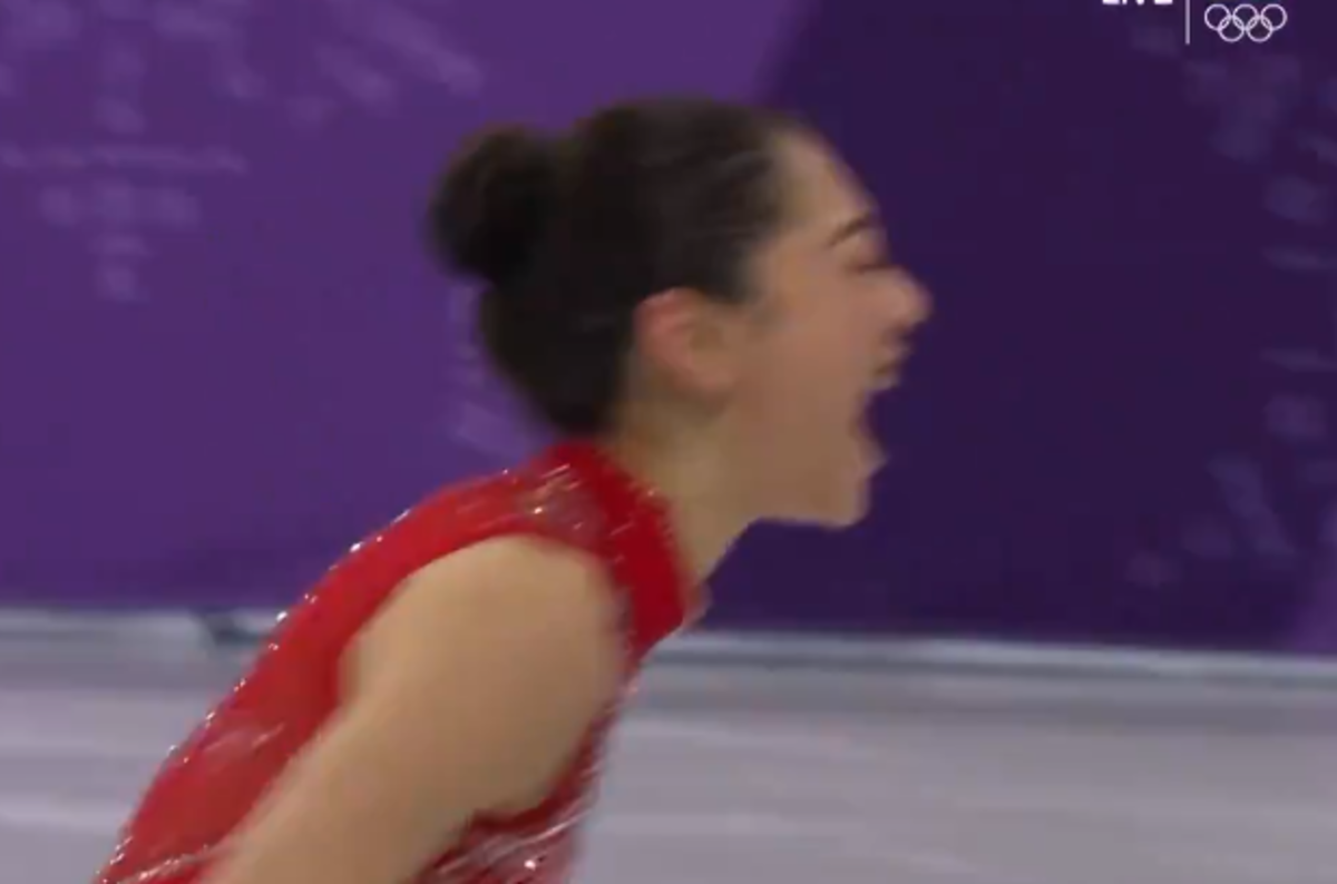 Mirai Nagasu celebrating on the ice.