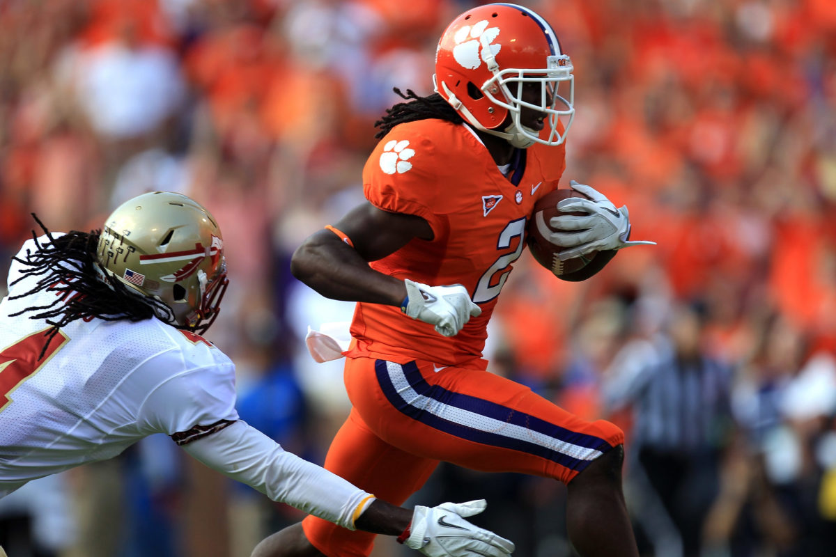 Sammy Watkins of the Clemson Tiger catches a touchdown pass against Terrance Parks #4 of the Florida State Seminoles during their game at Memorial Stadium.