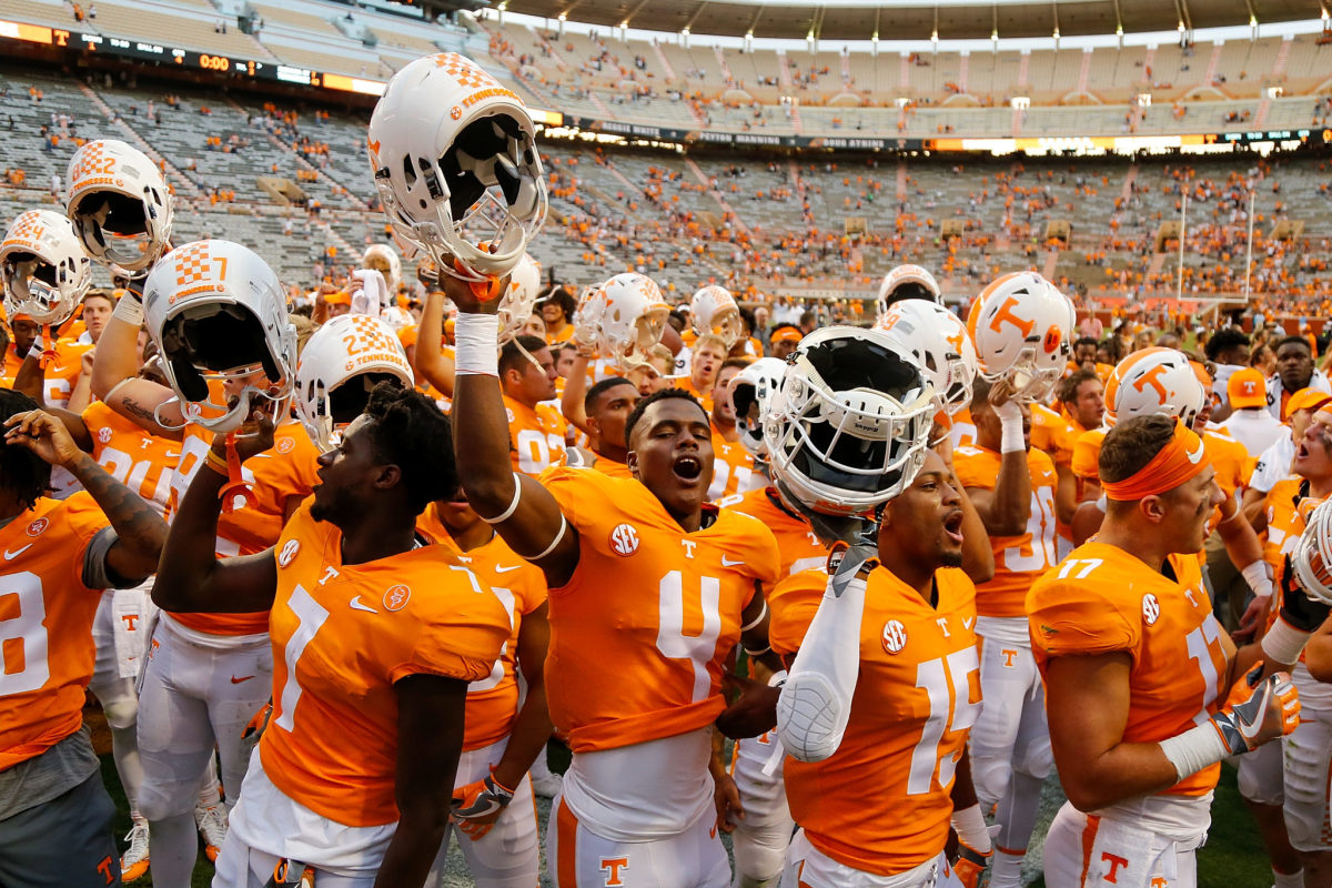 Tennessee players celebrating a win at home.