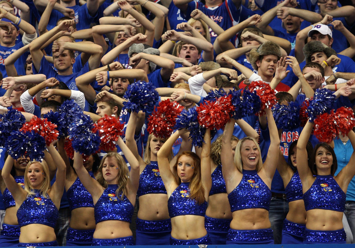 Kansas cheerleaders during a basketball game.